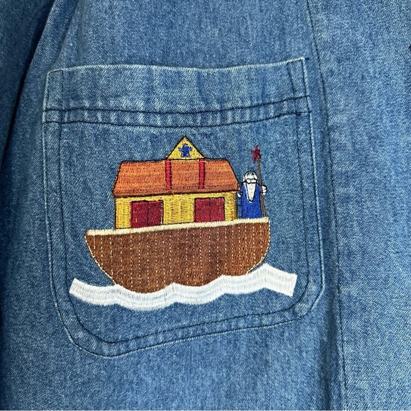 Vintage Women S Denim Jacket Embroidered Noahs Ark Christian Animal Chore Coat - Picture 2 of 10